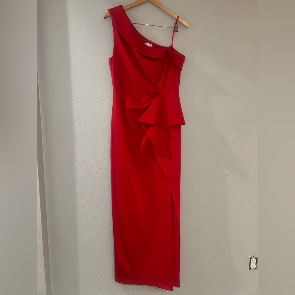 Eliza J One Shoulder Ruffle Red Gown Dress Size 16 - Picture 2 of 16